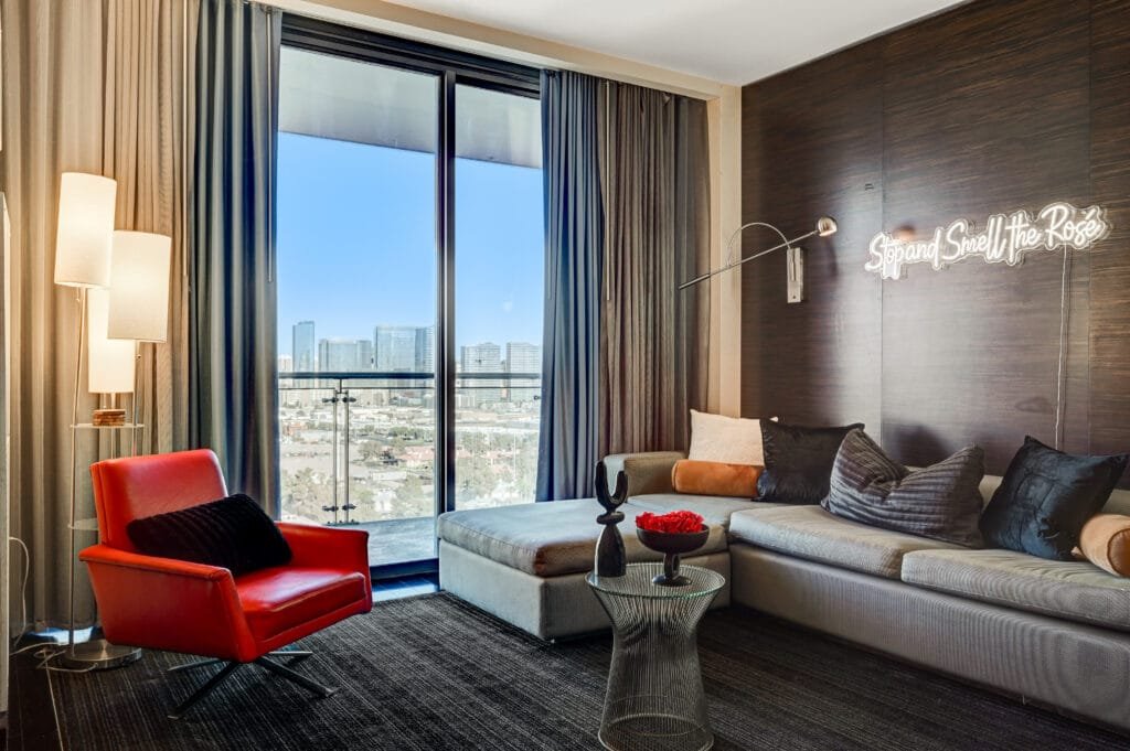 Stylish and modern vacation and corporate rental living room by Unlock Stays.